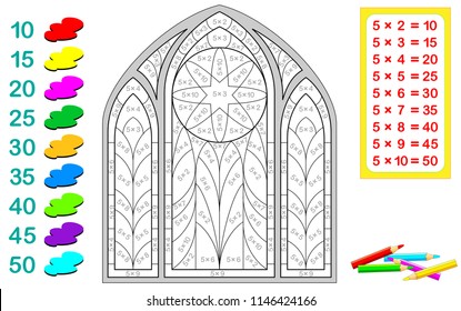 Worksheet with exercises for children with multiplication by five. Need to solve examples and paint the stained glass window in relevant colors. Vector cartoon image.