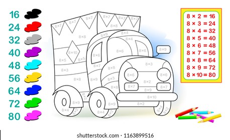 Worksheet with exercises for children with multiplication by eight. Need to solve examples and paint the lorry in relevant colors. Vector cartoon image.