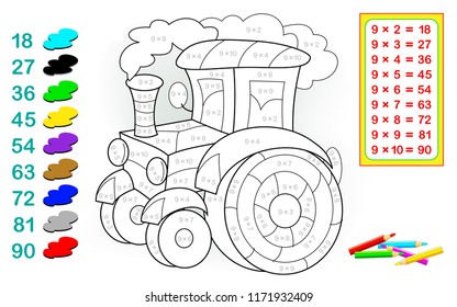 Worksheet with exercises for children with multiplication by nine. Need to solve examples and paint the tractor in relevant colors. Vector cartoon image.