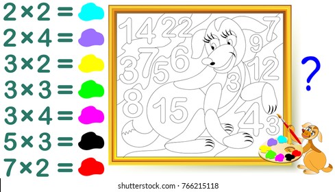 Worksheet with exercises for children with multiplication. Find the answers and paint the numbers in relevant colors. Vector cartoon image.