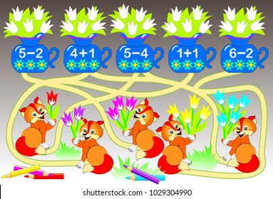 Worksheet with exercises for children on addition and subtraction. Solve examples and color the corresponding number of flowers. Draw the path from the bouquet to the vase. Vector image.