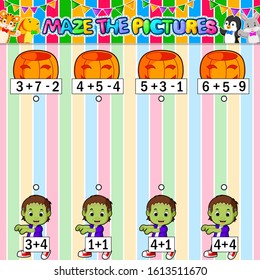 Worksheet with exercises for children on addition and subtraction. Solve counting and connecting to each result