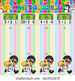 Worksheet with exercises for children on addition and subtraction. Solve counting and connecting to each result