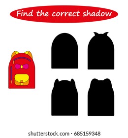 worksheet. Find the correct shadow. Educational game for children. Find the right shadow ( school bag ) - task for preschool  kids. vector. 