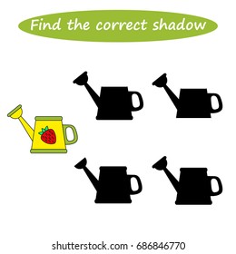 worksheet. Find the correct shadow. Educational game for children. Find the right shadow ( watering can) - task for preschool  kids. vector. 