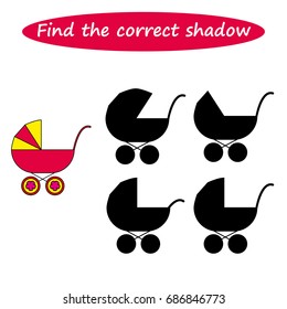 worksheet. Find the correct shadow. Educational game for children. Find the right shadow ( Stroller) - task for preschool  kids. vector. 