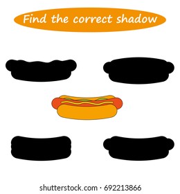 Worksheet . Find the correct shadow. Educational game for children. Find the right shadow, Hot Dog - task for preschool  kids. vector. 