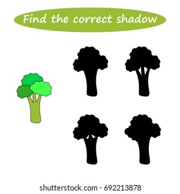 Worksheet . Find the correct shadow. Educational game for children. Find the right shadow, broccoli - task for preschool  kids. vector. 