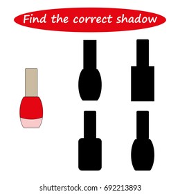 Worksheet . Find the correct shadow. Educational game for children. Find the right shadow, nail polish  - task for preschool  kids. vector. 