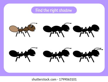 Worksheet find the right shadow for the picture of ant. Educational game for children. Trains attention and concentration. Vector illustration