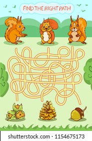 Worksheet with funny riddle. Find the right path. Kids board game with cartoon squirrels. Children funny education activity page for book. Kids art game. Vector illustration.