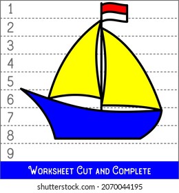 Worksheet. Game for kids, children. Math Puzzles. Cut and complete. Learning mathematics. Boat.