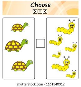 worksheet. Game for kids - choose more, less or equal. Learning mathematics, numbers. Tasks for preschool children.