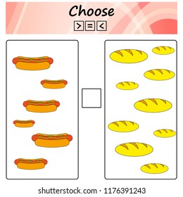 worksheet. Game for kids - choose more, less or equal. Learning mathematics, numbers. Tasks for preschool children.