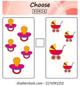 worksheet. Game for kids - choose more, less or equal. Learning mathematics, numbers. Tasks for preschool children.