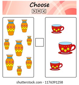 worksheet. Game for kids - choose more, less or equal. Learning mathematics, numbers. Tasks for preschool children.