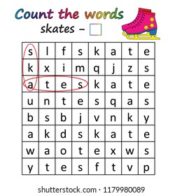 Worksheet. Game for kids - find and count the words. 
Visual Educational Game for children. Learning math and words.