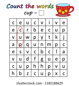 Worksheet. Game for kids - find and count the words. Visual Educational Game for children. Learning math and words.