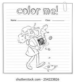 A worksheet with a girl carrying a broken heart on a white background