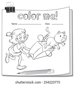 A worksheet with a girl and a cat on a white background
