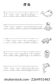 It is worksheet for kids. Black and white educational worksheet. Sea animals.