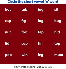 worksheet for kids, circle the short vowel o words, Creative concept for kids learning