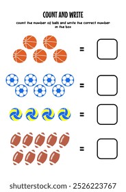 worksheet for kids, count the number of sports balls, then fill in the correct number