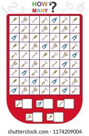worksheet for kids, Count and write the number of tools, Learn the numbers, how many objects, Counting children game