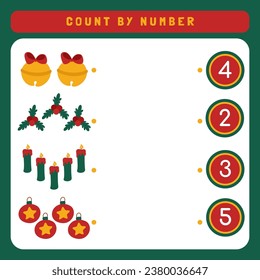 Worksheet for kids counting how many cute Christmas object. Printable Christmas worksheet. Winter activity page