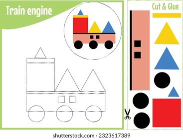 Worksheet for kids craft. cut and glue activity page. Vector illustration of cartoon colorful train engine. Cutout and gluing