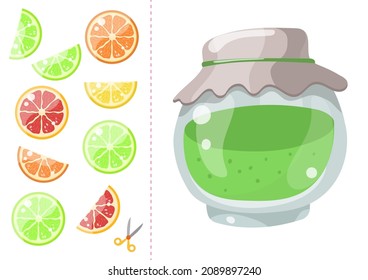 Arbeitsblatt für Kinder. Schneiden und Einfügen. Entspricht grüner Farbe. Marmelade aus Cartoon.