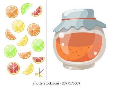 Worksheet for kids. Cut and Paste. Match color orange. Cartoon jam.
