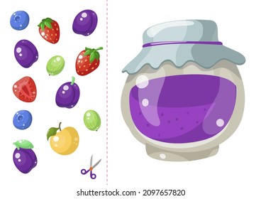 Worksheet for kids. Cut and Paste. Match color violet. Cartoon jam and food