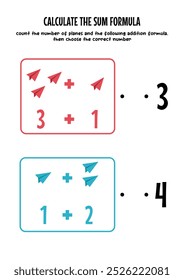 worksheet for kids, learn to add numbers with the help of paper airplane illustrations, choose the right number