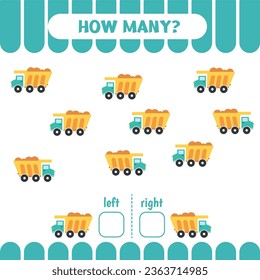 Worksheet for kids to learn left and right. Count game. 
How many dump cars go to the left and to the right. Counting game for kids.
