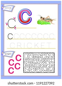 Worksheet for kids with letter C for study English alphabet. Logic puzzle game. Developing children skills for writing and reading. Vector cartoon image.