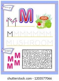 Worksheet for kids with letter M for study English alphabet. Logic puzzle game. Developing children skills for writing and reading. Vector cartoon image.
