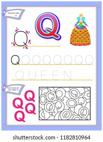 Worksheet for kids with letter Q for study English alphabet. Logic puzzle game. Developing children skills for writing and reading. Vector cartoon image.