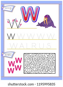 Worksheet for kids with letter W for study English alphabet. Logic puzzle game. Developing children skills for writing and reading. Vector cartoon image.