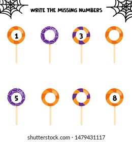 Worksheet for kids. Write the missing numbers. Printable for halloween party. Educational game for children. Halloween sweet lollipops.
