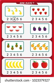 worksheet for kindergarten kids, Count the number of objects, Learn the numbers 1, 2, 3, 4, 5, 6