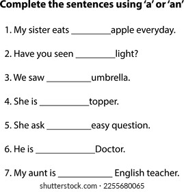 A or An worksheet for kindergarten, vector illustration, creative learning concept