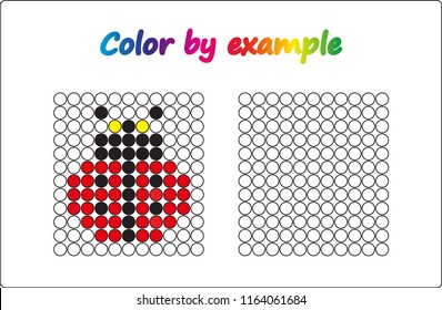 Worksheet.  ladybug - puzzle task, game for preschool  kids. Color by example. Coloring book. Vector illustration. Paint the circles.