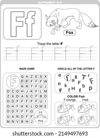 Worksheet for learning alphabet. Kids learning material. Letter F
