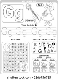 Worksheet for learning alphabet. Kids learning material. Letter G