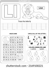 Hoja de trabajo para el aprendizaje del alfabeto. Material didáctico para niños. Letra L