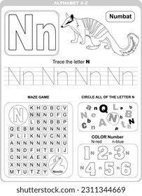 Worksheet for learning alphabet. Kids learning material. Letter N