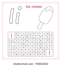 worksheet . Learning alphabet. worksheet  for preschool children, kids.  Task -  Go by the letter I (paint all the circles where there is a letter I).  Painting page.  Vector illustration. 