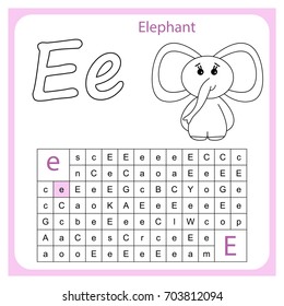 worksheet . Learning alphabet. worksheet  for preschool children, kids.  Task -  Go by the letter E (paint all the circles where there is a letter E).  Painting page.  Vector illustration. 