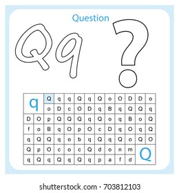 worksheet . Learning alphabet. worksheet  for preschool children, kids.  Task -  Go by the letter Q (paint all the circles where there is a letter Q).  Painting page.  Vector illustration. 